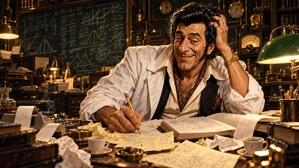 Dick Milkins in his lab coat working at the Money Lab desk