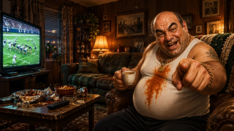 Bernie 'The Sack', the Ball Breaker, pointing from his apartment with a football game on TV