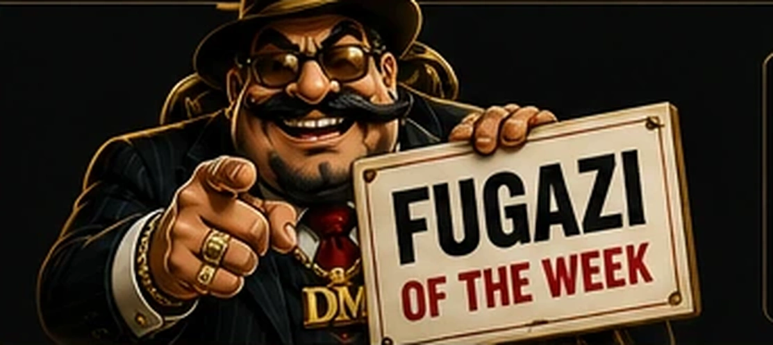 Dick holding a Fugazi of the Week sign